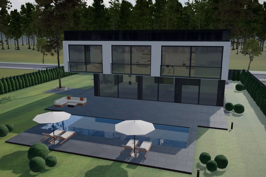 House among the pines — garden and terrace, daytime
