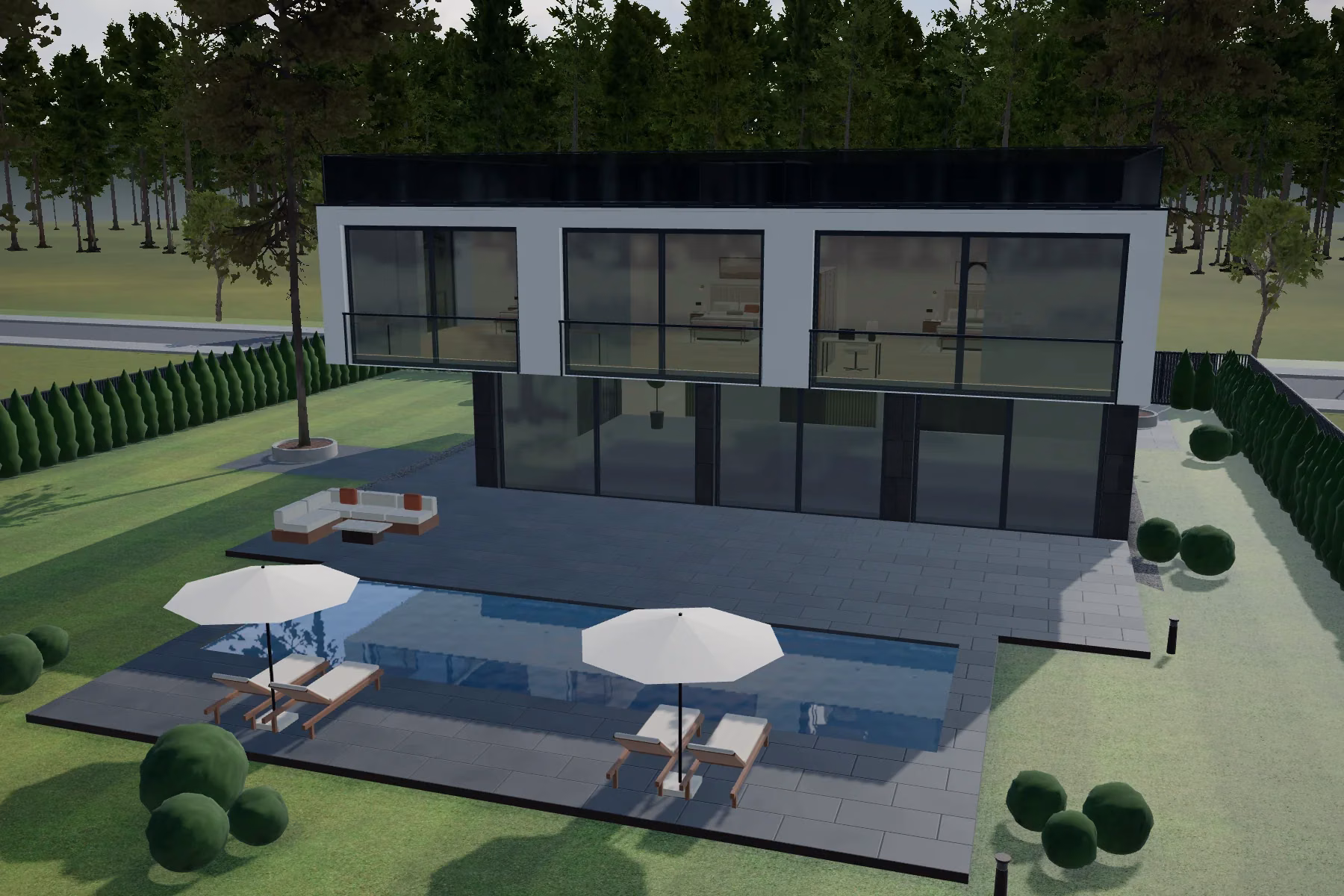 House among the pines — garden and terrace, daytime